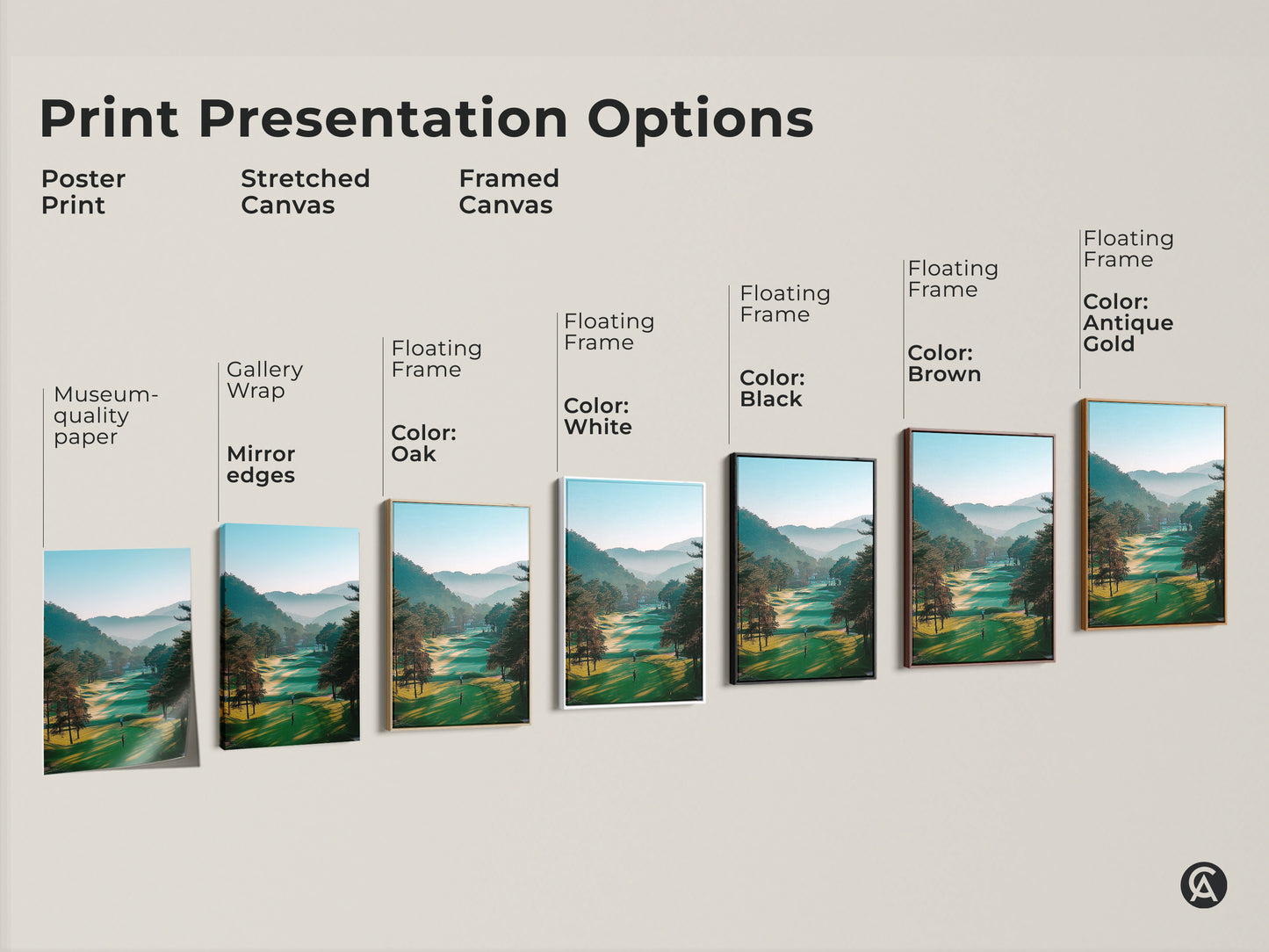Explore our print presentation options for golf course art. Choose from poster prints stretched canvas and framed canvas. Each option showcases the serene beauty of the fairway landscape. Find the perfect style for your space.
