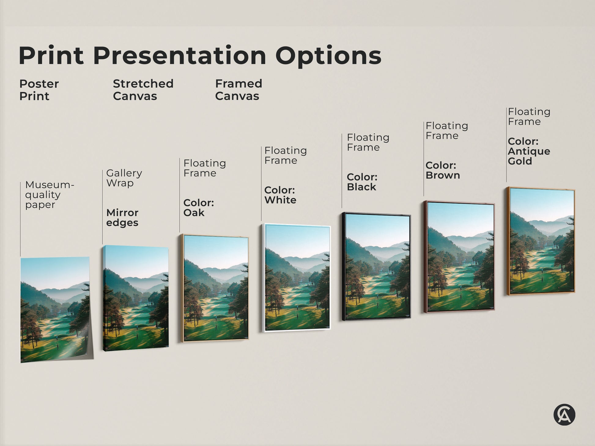Explore our print presentation options for golf course art. Choose from poster prints stretched canvas and framed canvas. Each option showcases the serene beauty of the fairway landscape. Find the perfect style for your space.