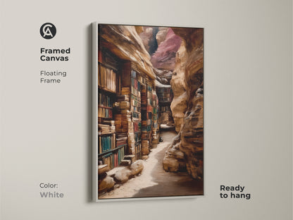 This framed canvas features a canyon library artwork. The white floating frame enhances the oil painting style. This traditional study decor makes a great gift for book lovers. The realistic architecture complements a home office wall. Tan and brown canvas for a cozy reading nook.