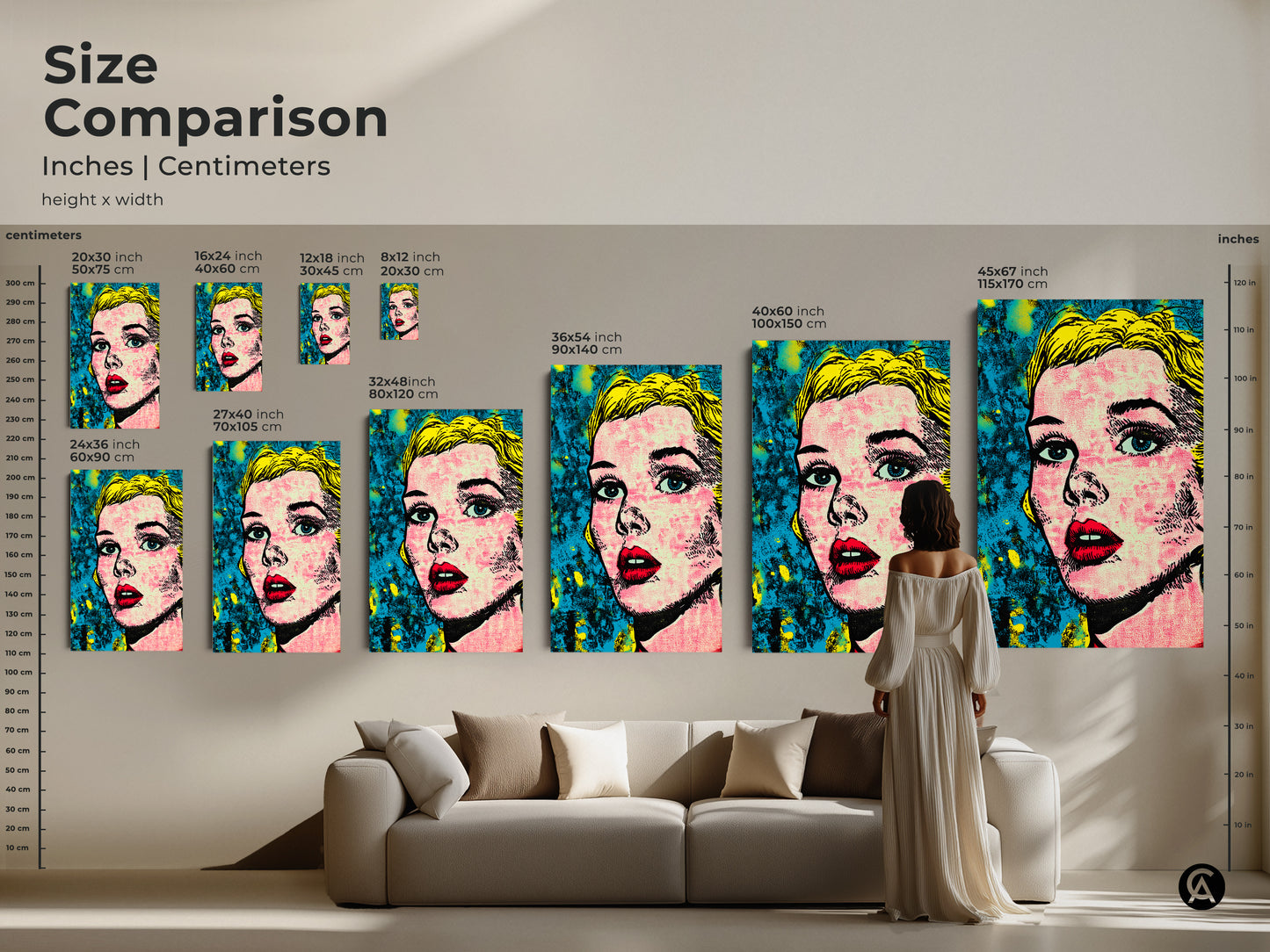 Size comparison of a pop art portrait print in inches and centimeters. See how different sizes look in a living room setting. Choose from various dimensions to suit your space. Perfect for any home.