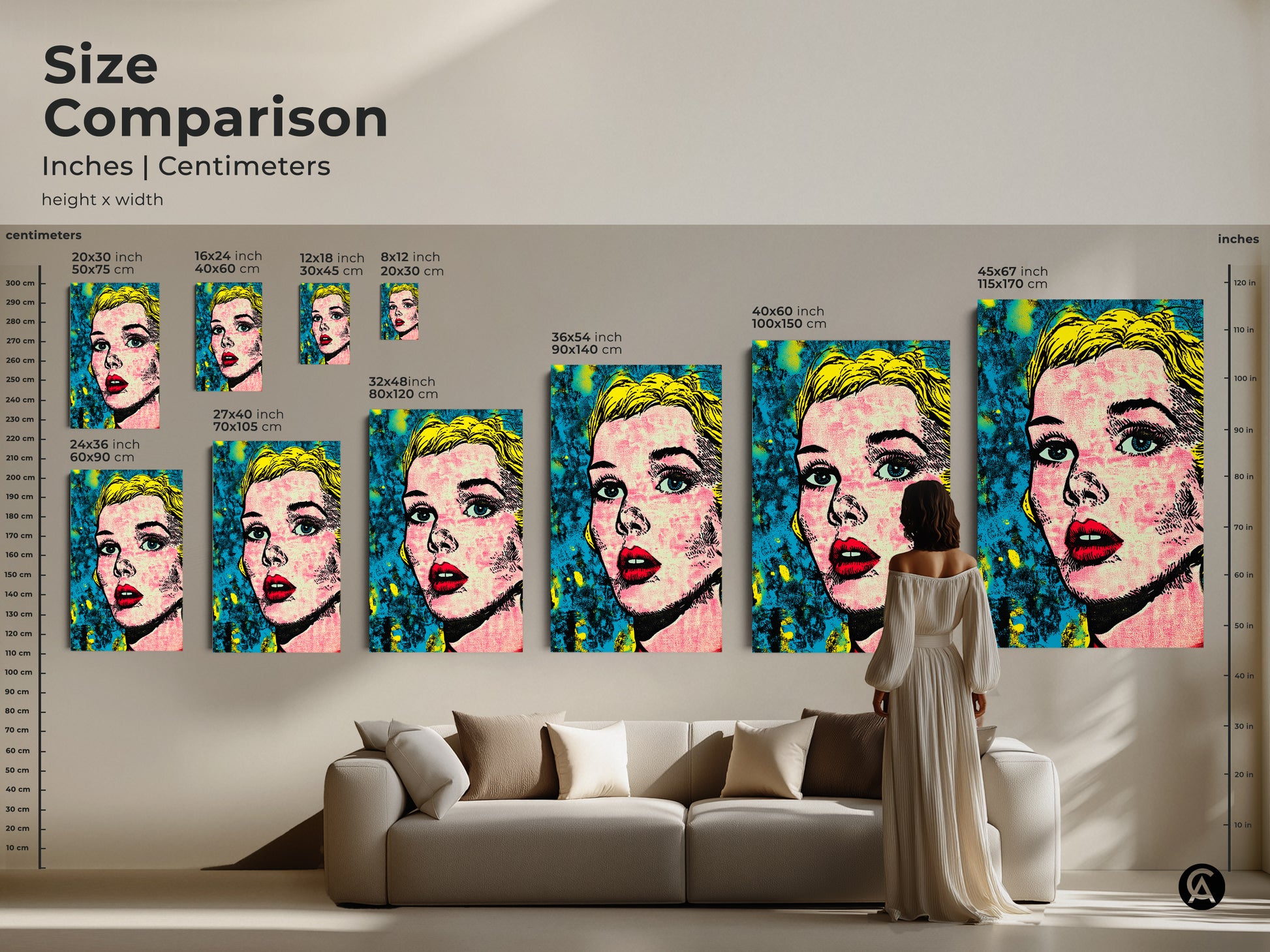 Size comparison of a pop art portrait print in inches and centimeters. See how different sizes look in a living room setting. Choose from various dimensions to suit your space. Perfect for any home.