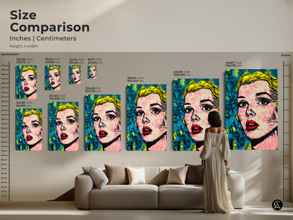 Size comparison of a pop art portrait print in inches and centimeters. See how different sizes look in a living room setting. Choose from various dimensions to suit your space. Perfect for any home.