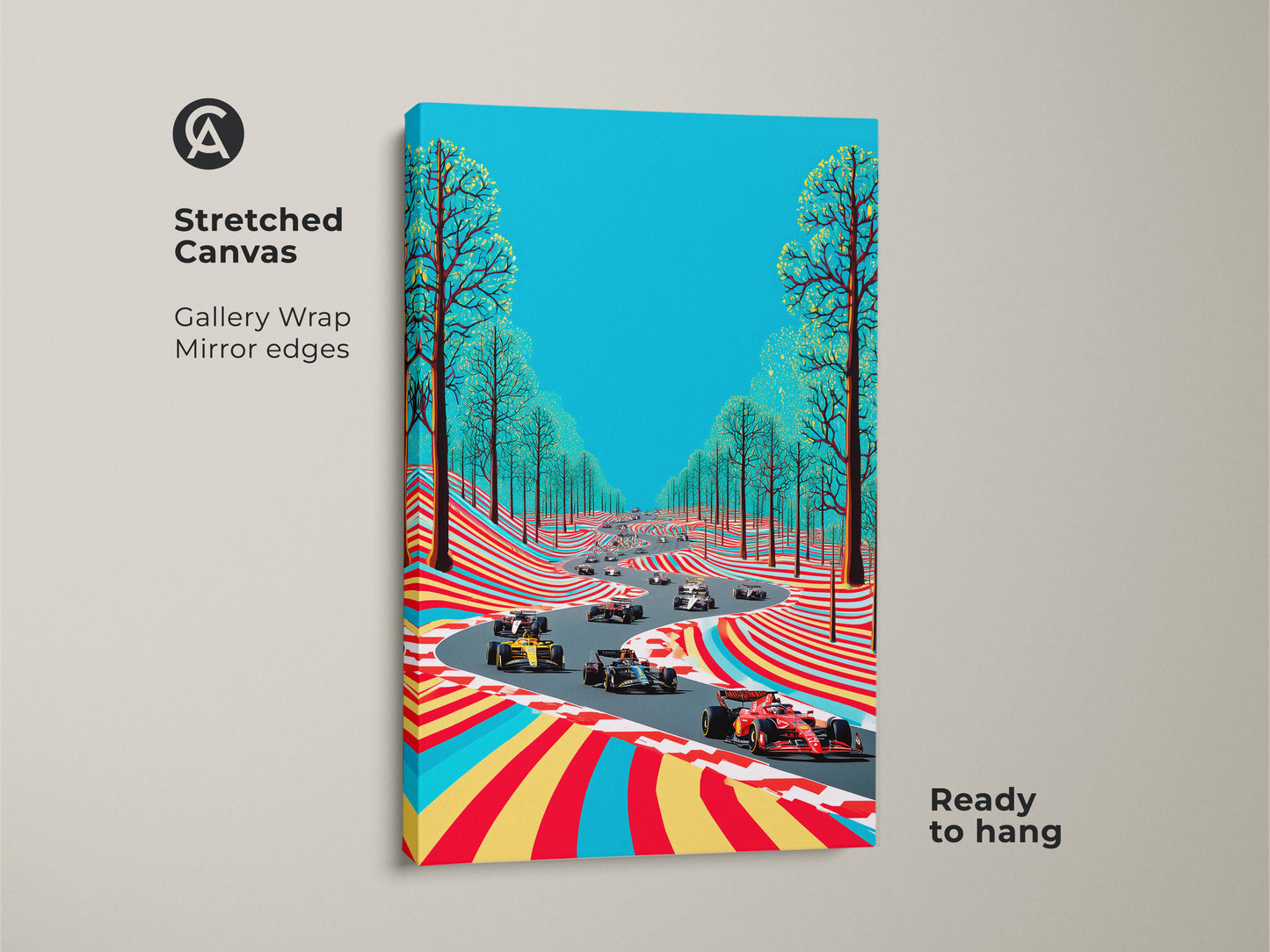 This stretched canvas art shows an F1 race with gallery wrapped mirror edges. The vivid artwork features abstract elements in red yellow and teal. It's a contemporary piece perfect for an office or home. Ready to hang and ideal for motorsport fans seeking unique decor. Enhance your space with this lively racing scene.