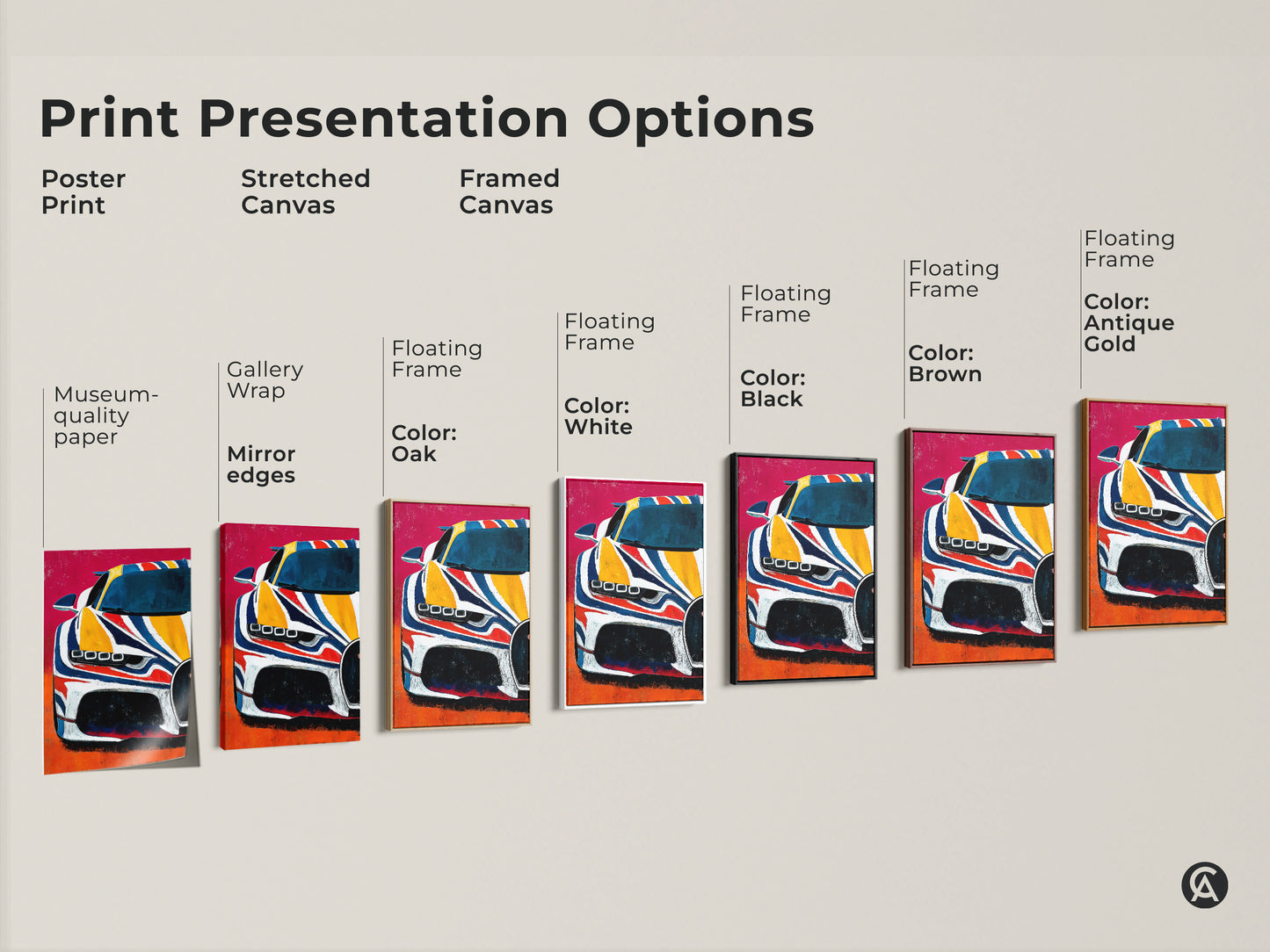 Explore presentation options for abstract automotive art. Choose from poster prints stretched canvas and framed canvas. This supercar artwork uses yellow blue and red colors. Find the perfect modern automotive art.