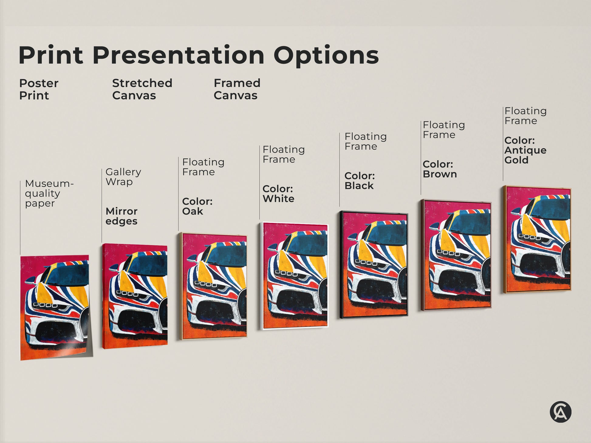 Explore presentation options for abstract automotive art. Choose from poster prints stretched canvas and framed canvas. This supercar artwork uses yellow blue and red colors. Find the perfect modern automotive art.