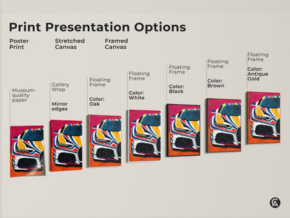 Explore presentation options for abstract automotive art. Choose from poster prints stretched canvas and framed canvas. This supercar artwork uses yellow blue and red colors. Find the perfect modern automotive art.