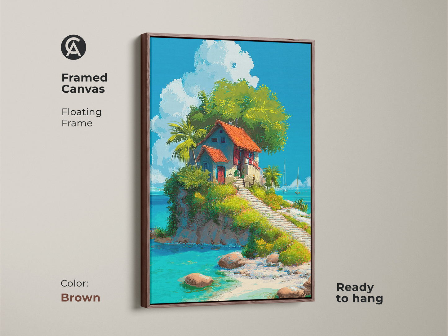 Framed tropical island art with a brown floating frame. The artwork shows a quaint house on a small island. The brown frame adds warmth to the piece. The framed canvas is ready to hang. Shop now for this beautiful island-themed wall art. It will bring a relaxing vibe to any room.