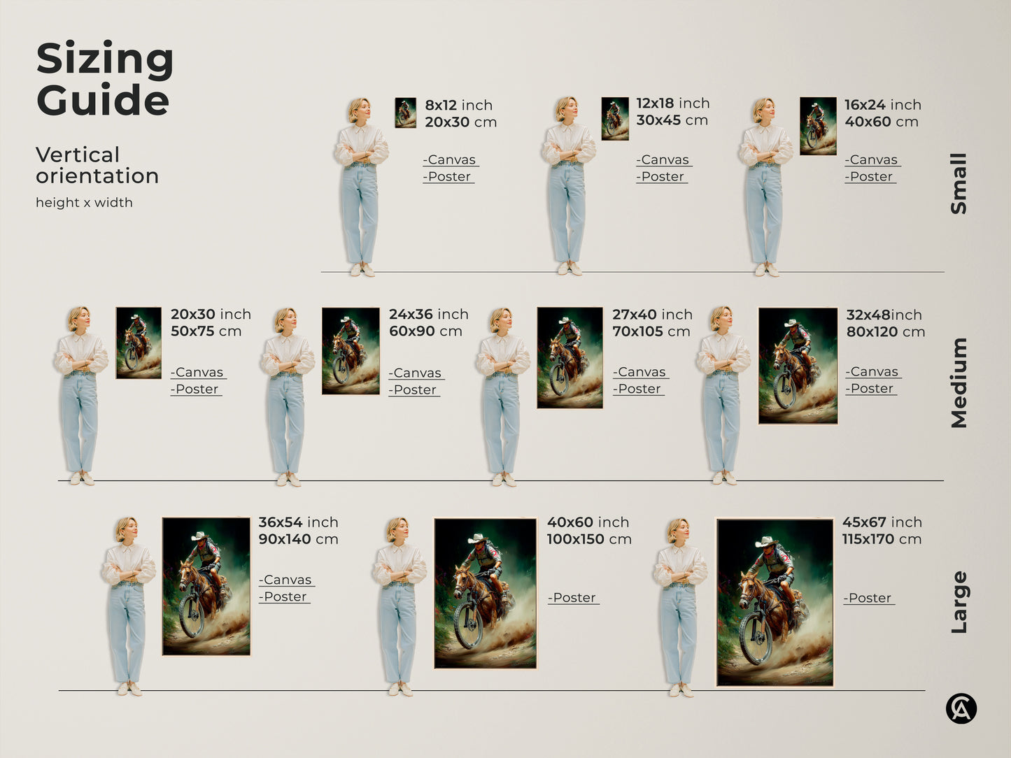 Sizing guide for our cowboy horse riding with mountain bike artwork available in canvas and poster. Find the ideal fit for your space from 8x12 inch to 45x67 inch. This rustic outdoor adventure digital painting enhances any room. Match this art with green tan and brown decor. This artwork is great for your wall