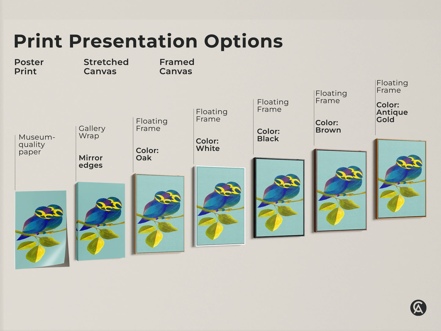 Explore various presentation options for this bird couple line art print. Choose from poster prints stretched canvas or framed canvas to suit your style. Each option highlights the contemporary artwork and nature-inspired of this piece. Perfect for animal lovers seeking unique home decor.