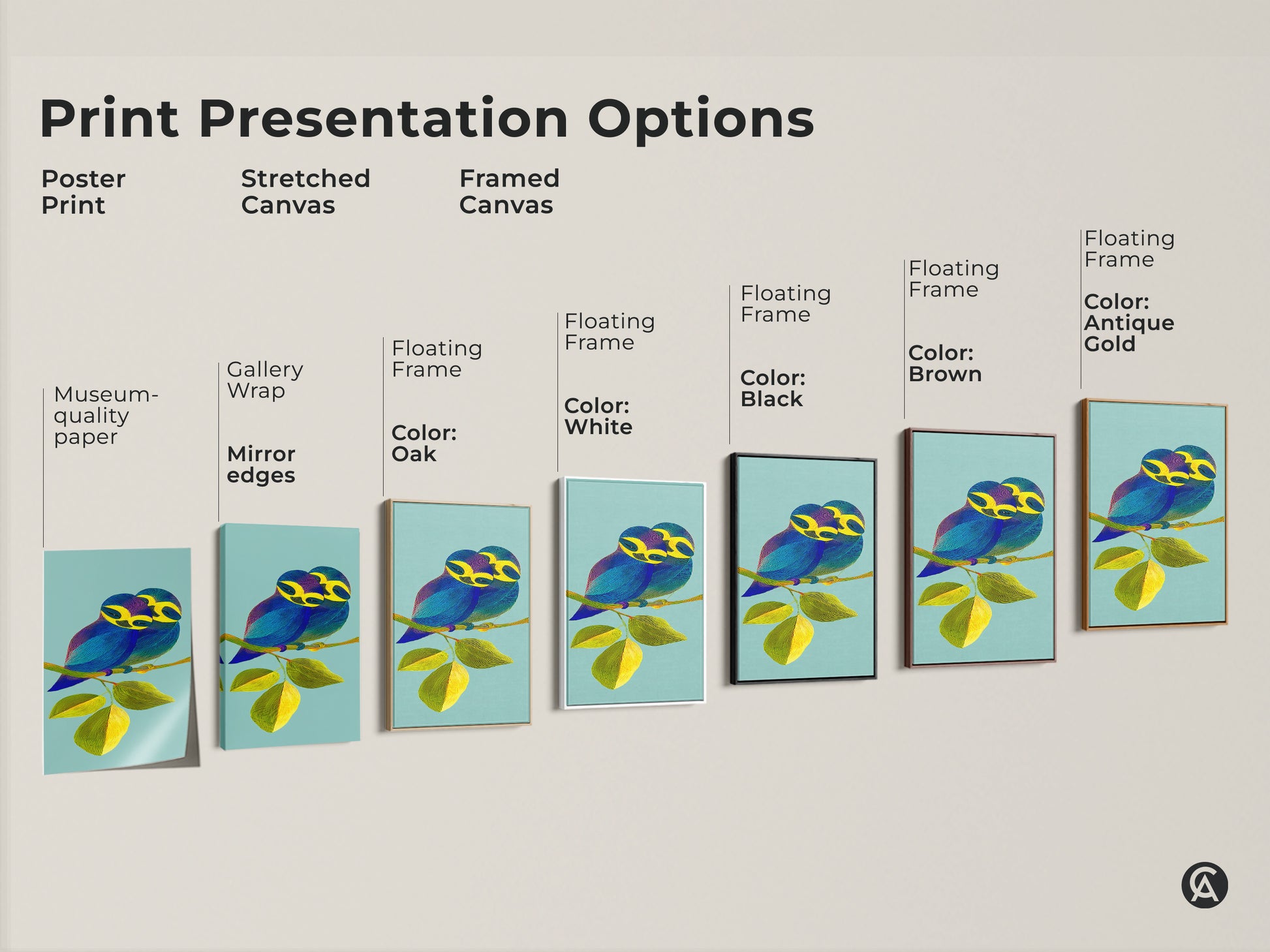 Explore various presentation options for this bird couple line art print. Choose from poster prints stretched canvas or framed canvas to suit your style. Each option highlights the contemporary artwork and nature-inspired of this piece. Perfect for animal lovers seeking unique home decor.