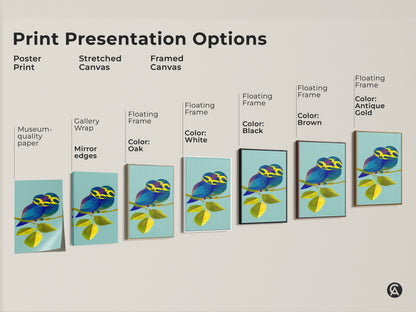 Explore various presentation options for this bird couple line art print. Choose from poster prints stretched canvas or framed canvas to suit your style. Each option highlights the contemporary artwork and nature-inspired of this piece. Perfect for animal lovers seeking unique home decor.