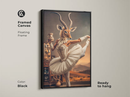 Framed canvas with a floating black frame. This ballet dancer animal wall art is ready to hang. Displaying an antelope in a tutu. The surreal animal ballet decor enhances any room. A thoughtful ballerina themed gift for art lovers.
