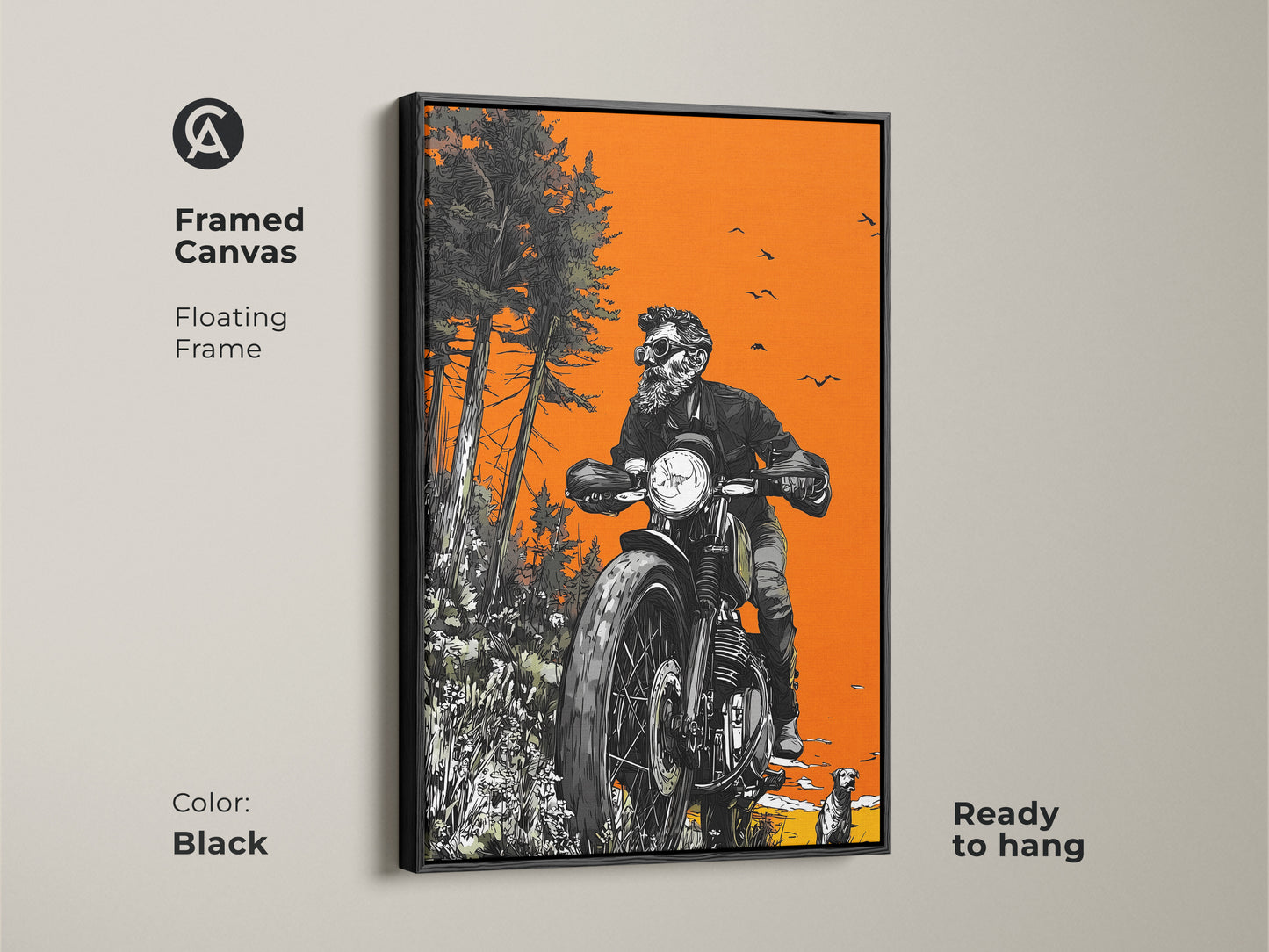 Black framed canvas artwork displaying a skeleton biker on a motorcycle. The floating frame adds sophistication. The artwork is ready to hang. It merges edgy biker style with natural scenery. A unique art piece.