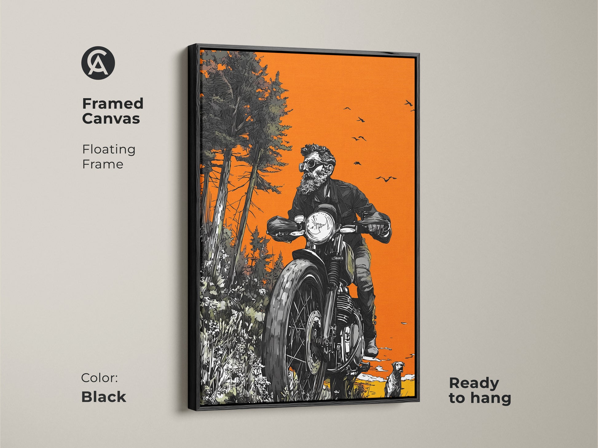 Black framed canvas artwork displaying a skeleton biker on a motorcycle. The floating frame adds sophistication. The artwork is ready to hang. It merges edgy biker style with natural scenery. A unique art piece.