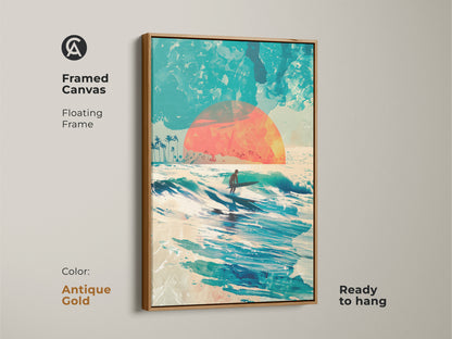 Add a touch of elegance with this framed canvas artwork. A surfer rides a wave as the sun sets. The antique gold floating frame exudes sophistication. Ready to hang this canvas will elevate your interior. Discover the beauty of surf art.