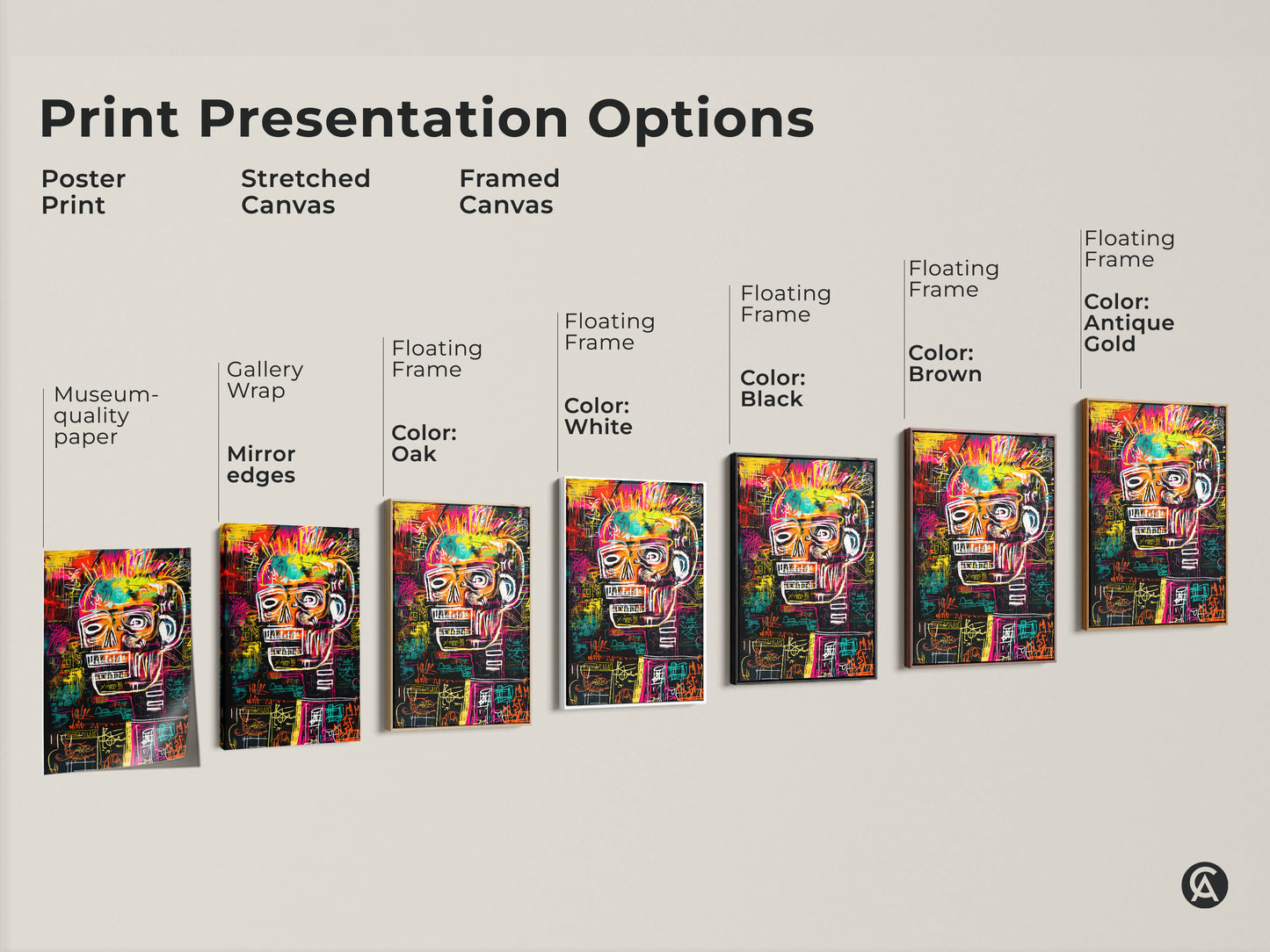 Explore print presentation options including poster prints stretched canvas and framed canvas. Options include museum-quality paper gallery wrap and floating frames in oak white black brown and antique gold. Find the perfect style to showcase your favorite skull artwork.