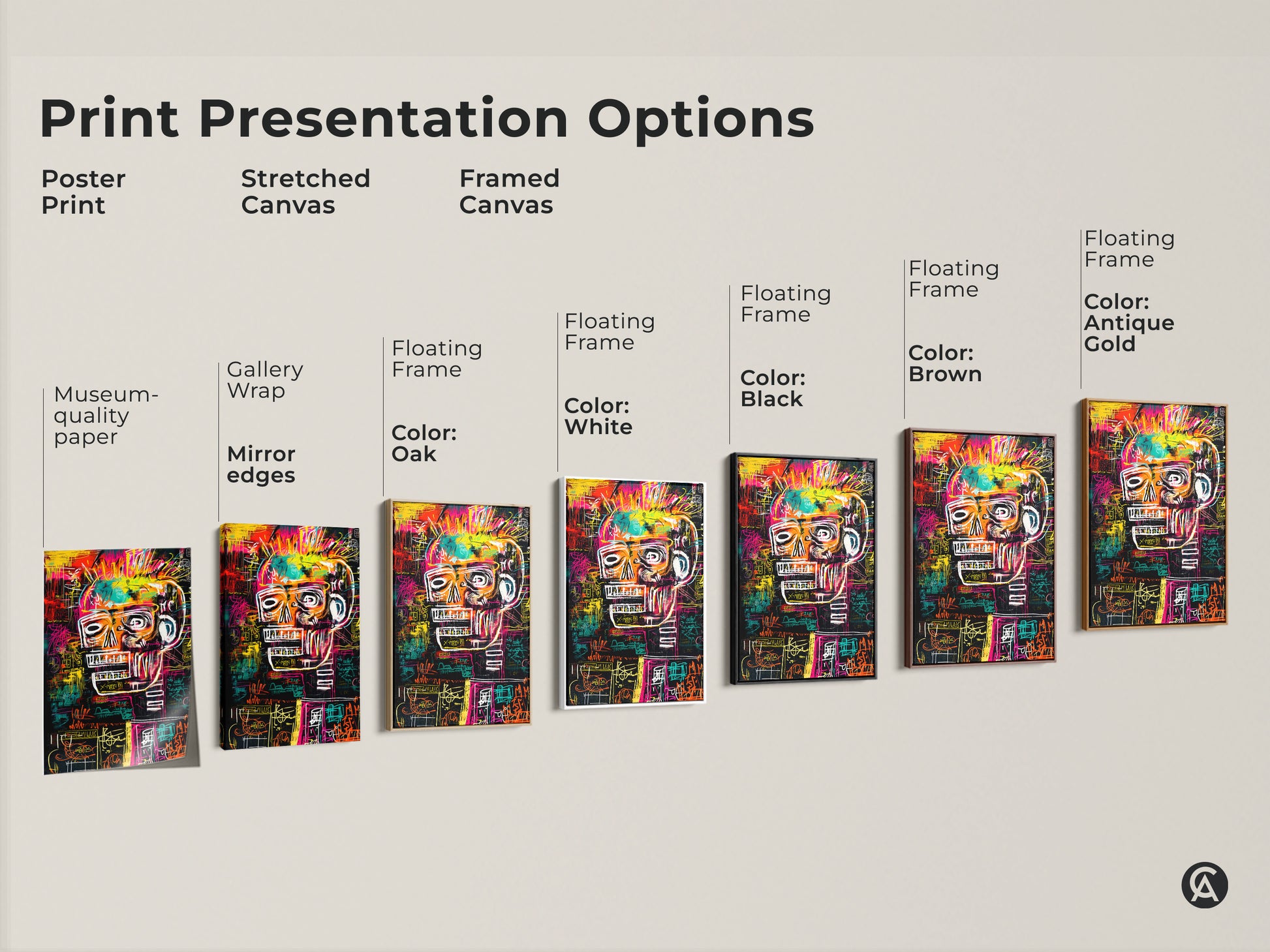 Explore print presentation options including poster prints stretched canvas and framed canvas. Options include museum-quality paper gallery wrap and floating frames in oak white black brown and antique gold. Find the perfect style to showcase your favorite skull artwork.