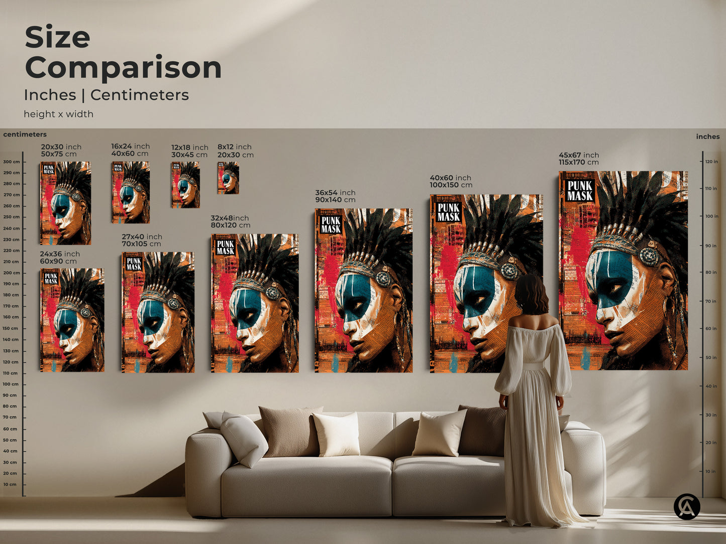 Size comparison in inches and centimeters. The artwork merges a powerful portrait with collage elements and a feather headdress. It adds a bold statement to any room. A unique birthday gift for art lovers. A distinctive addition to eclectic home decor. An eclectic boho bedroom decor.
