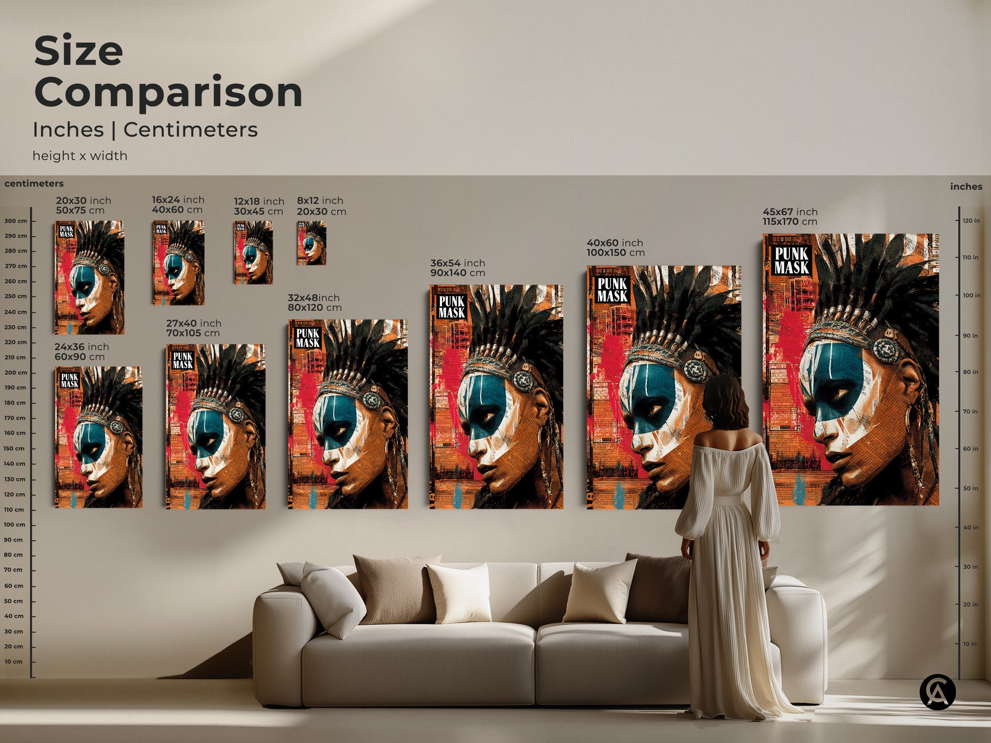 Size comparison in inches and centimeters. The artwork merges a powerful portrait with collage elements and a feather headdress. It adds a bold statement to any room. A unique birthday gift for art lovers. A distinctive addition to eclectic home decor. An eclectic boho bedroom decor.