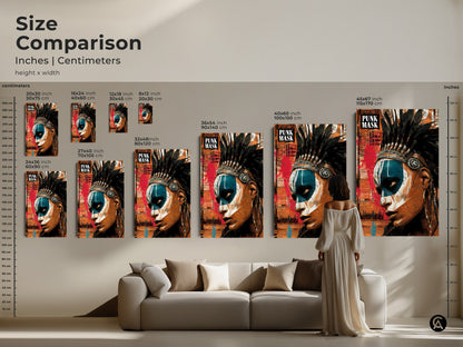 Size comparison in inches and centimeters. The artwork merges a powerful portrait with collage elements and a feather headdress. It adds a bold statement to any room. A unique birthday gift for art lovers. A distinctive addition to eclectic home decor. An eclectic boho bedroom decor.