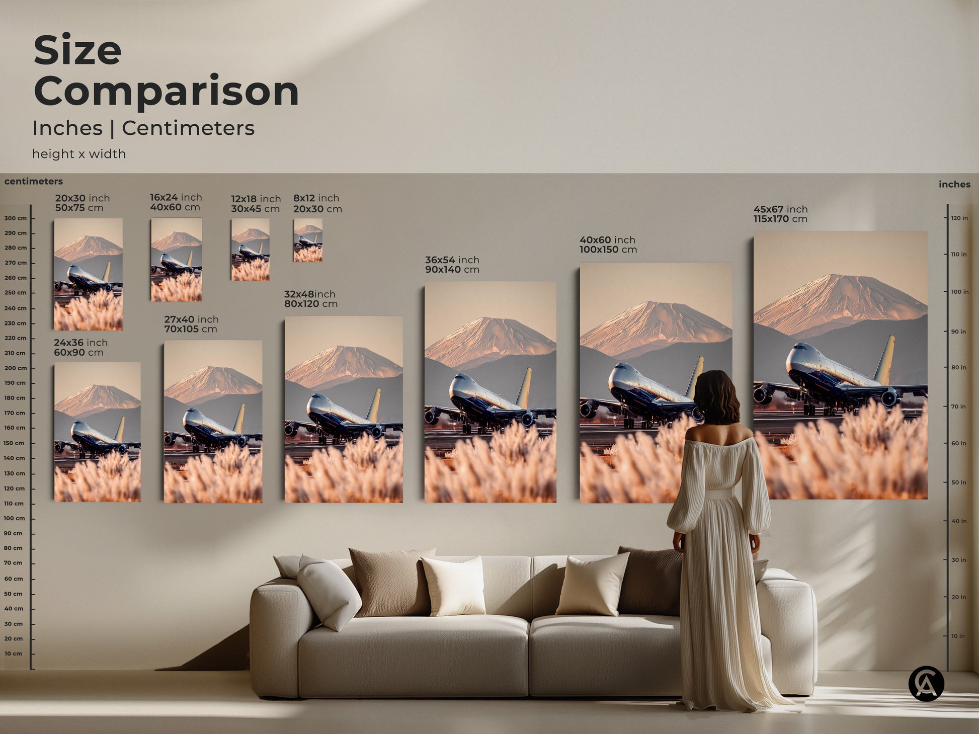Size comparison for realistic airplane and Mt Fuji art in inches and centimeters. Visualize how each canvas or poster size fits above a sofa. Find the perfect scale for your space. Explore various sizes for contemporary travel photography. Perfect for modern home decor and unique gifts.
