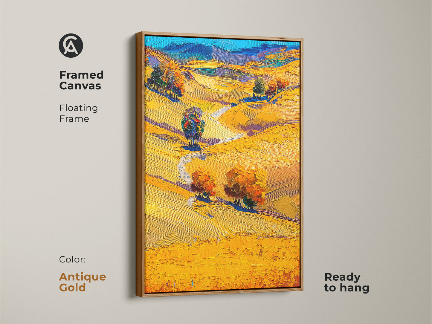 Framed Canvas in antique gold displays a Golden Yellow Landscape Canvas Print. This piece features impressionistic trees and hills wall decor. It is perfect for adding autumn nature artwork. A contemporary landscape canvas elevates any space. The antique gold frame enhances its appeal as rustic wall art home.