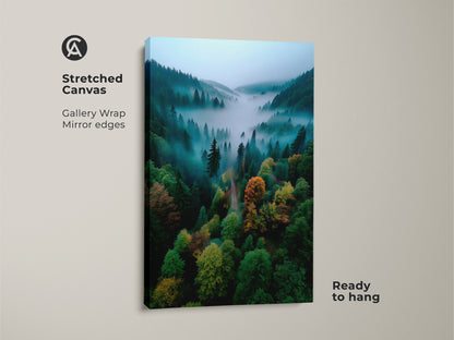 Stretched canvas artwork showcasing a foggy forest scene. Gallery wrapped with mirror edges this piece is ready to hang. The misty valley and colorful trees create a peaceful atmosphere. Elevate your home with this nature-inspired canvas art.