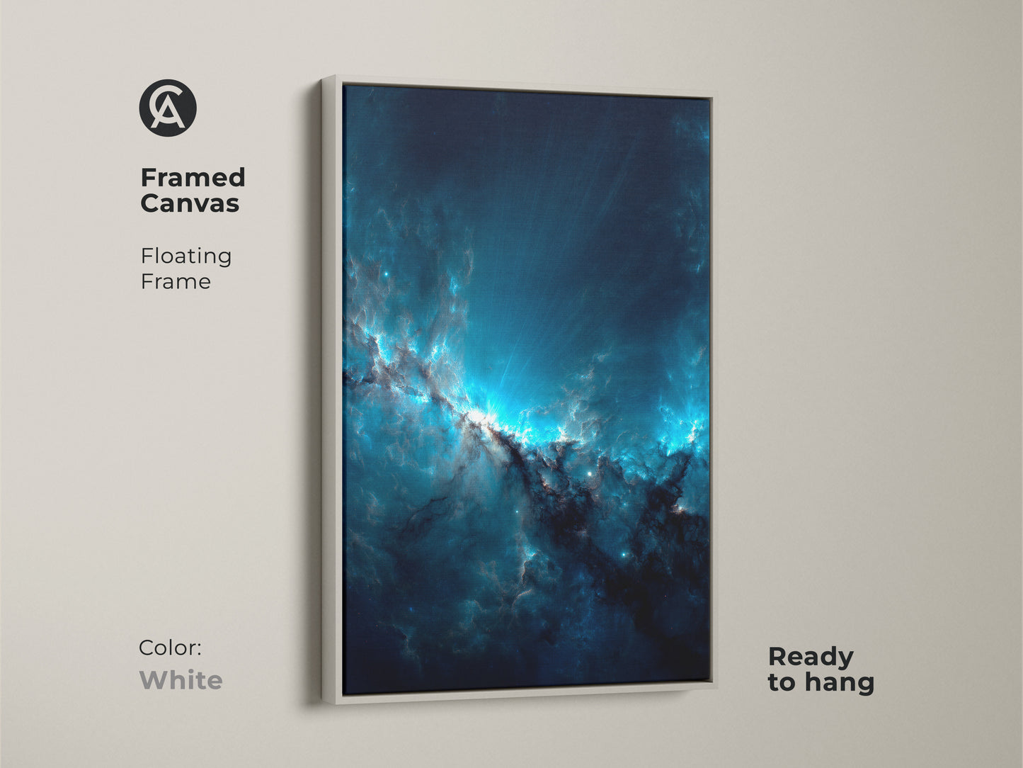 Framed canvas print featuring a striking blue nebula. The white floating frame offers a clean modern look. This artwork is ready to hang. Add a celestial touch to your home or office space.