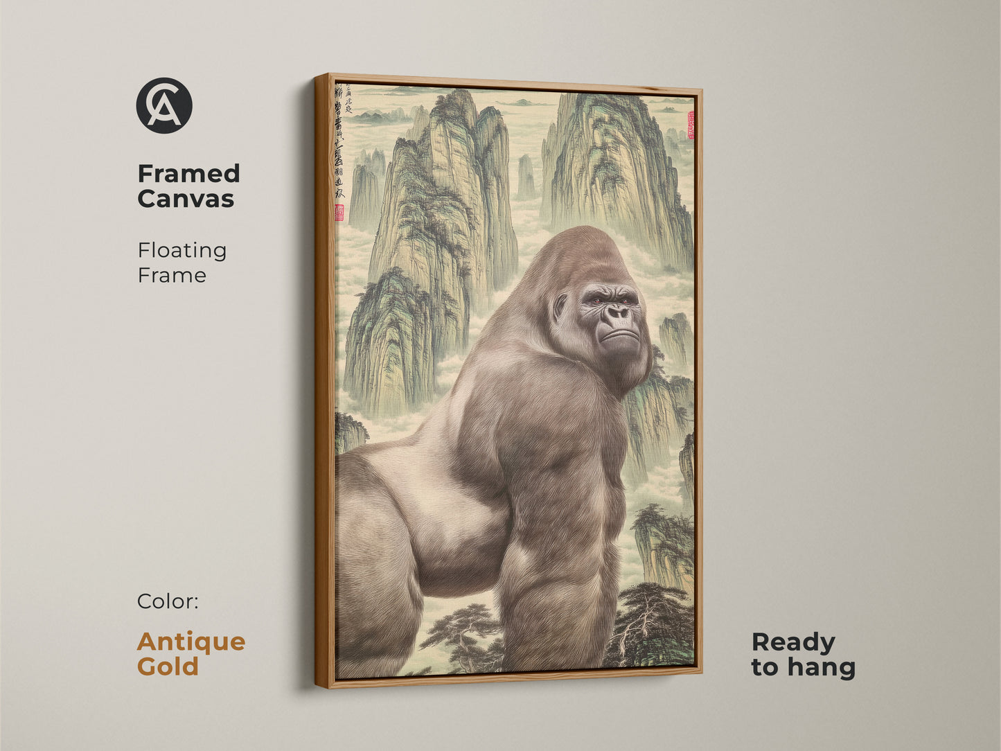 This framed canvas displays a mountain gorilla artwork. A Chinese landscape painting is in the background with an antique gold frame. The fine art print is animal themed. A great gift for an art collector.