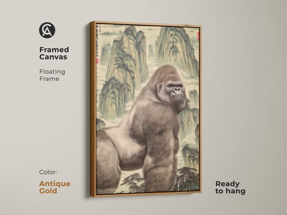 This framed canvas displays a mountain gorilla artwork. A Chinese landscape painting is in the background with an antique gold frame. The fine art print is animal themed. A great gift for an art collector.