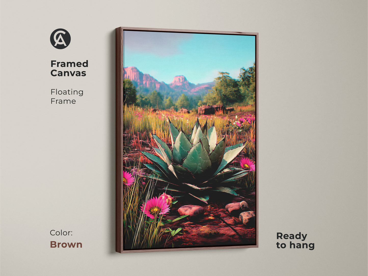 Framed canvas in brown showcases southwestern desert botanical landscape wall art. Ready to hang this floating frame captures the charm of agave plant art. Ideal as an entryway decor piece or as a unique present for plant lovers. It's a perfect blend of nature and artistry.