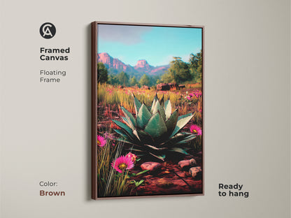 Framed canvas in brown showcases southwestern desert botanical landscape wall art. Ready to hang this floating frame captures the charm of agave plant art. Ideal as an entryway decor piece or as a unique present for plant lovers. It's a perfect blend of nature and artistry.