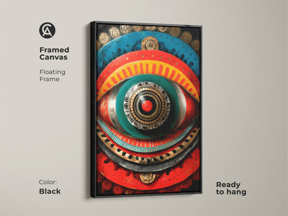 Black framed canvas showcasing abstract spiritual symbol art. It's a colorful tribal wall decor piece that's ready to hang. Elevate your home with this unique eye motif print.