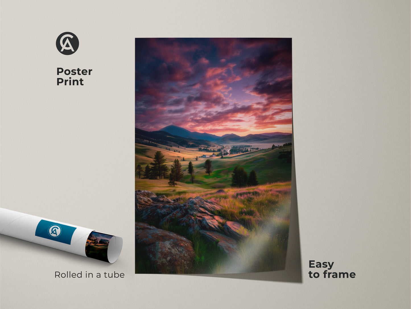 Rolled poster print featuring a mountain valley at sunset. It's an easy-to-frame art option. The rustic landscape art captures the pink and purple sky. Ideal as a nature lover gift for any home.