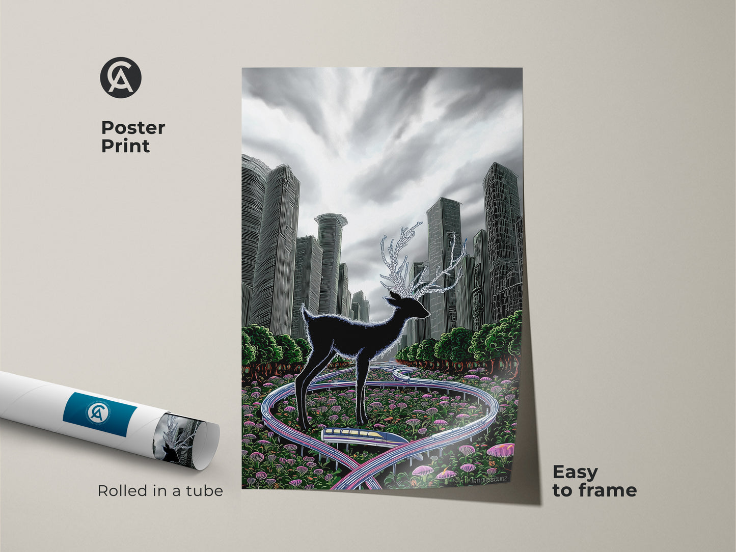 Discover the surreal deer as a poster print. This black green grey animal art is easy to frame. It comes rolled in a tube. The artwork blends a deer with a cityscape. It's perfect for eclectic home decor. A unique gift for art enthusiasts.