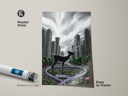 Discover the surreal deer as a poster print. This black green grey animal art is easy to frame. It comes rolled in a tube. The artwork blends a deer with a cityscape. It's perfect for eclectic home decor. A unique gift for art enthusiasts.