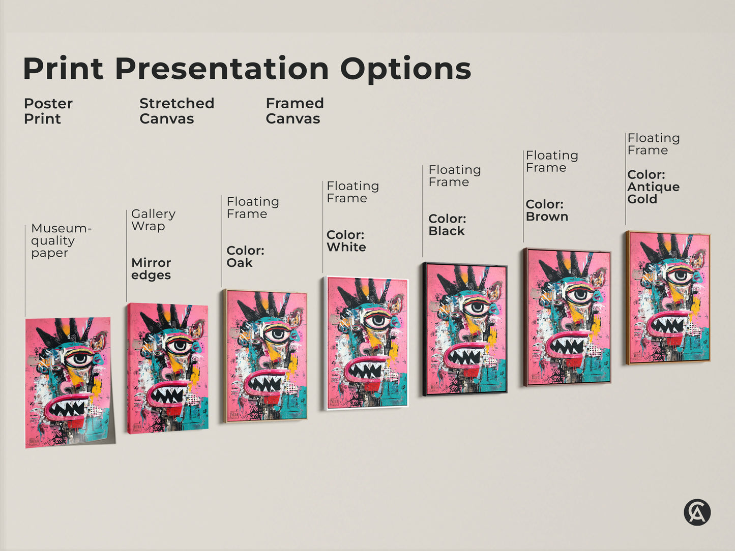 Explore print presentation options. See poster prints stretched canvases and framed art. Each features a vibrant abstract face. Choose from museum-quality paper gallery wraps and floating frames. Available in black brown oak and antique gold.