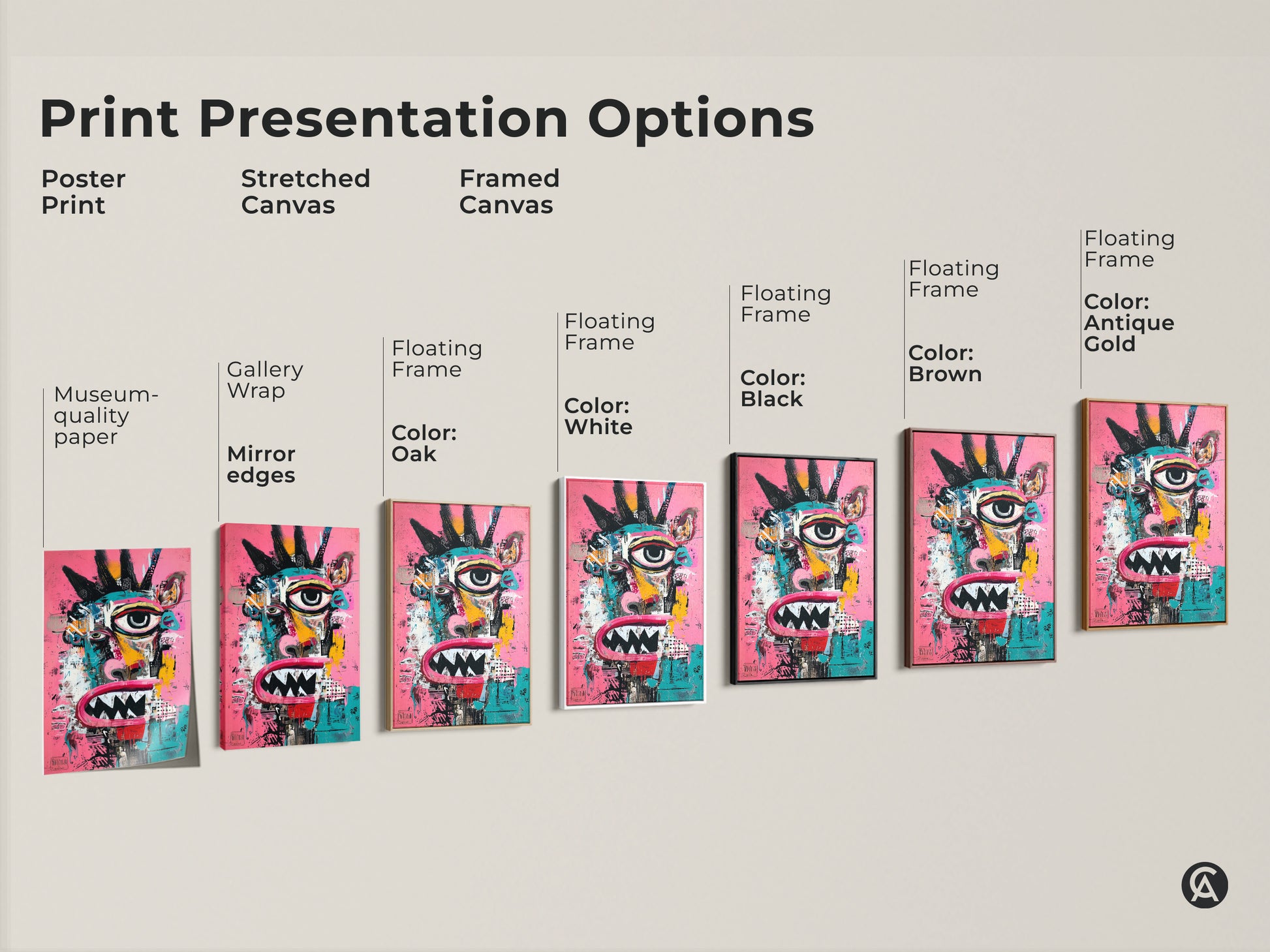 Explore print presentation options. See poster prints stretched canvases and framed art. Each features a vibrant abstract face. Choose from museum-quality paper gallery wraps and floating frames. Available in black brown oak and antique gold.