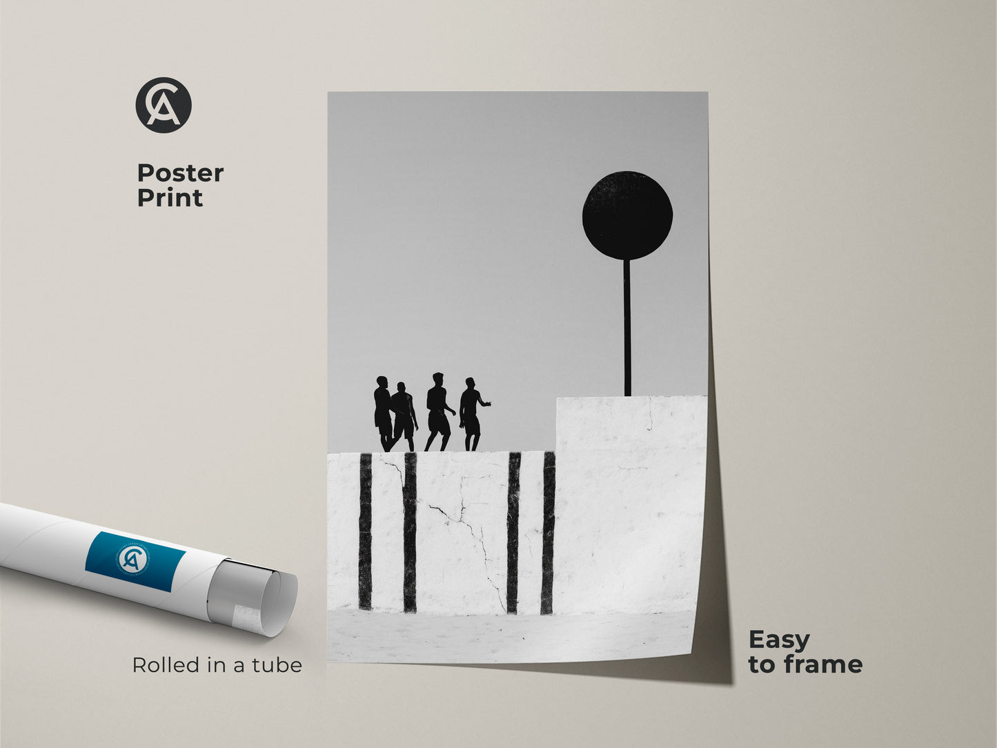 Poster print of abstract art rolled in a tube for easy framing. The monochrome figures with a black sphere offer a modern minimalist look. This surreal black and white wall artwork makes for unique home decor.