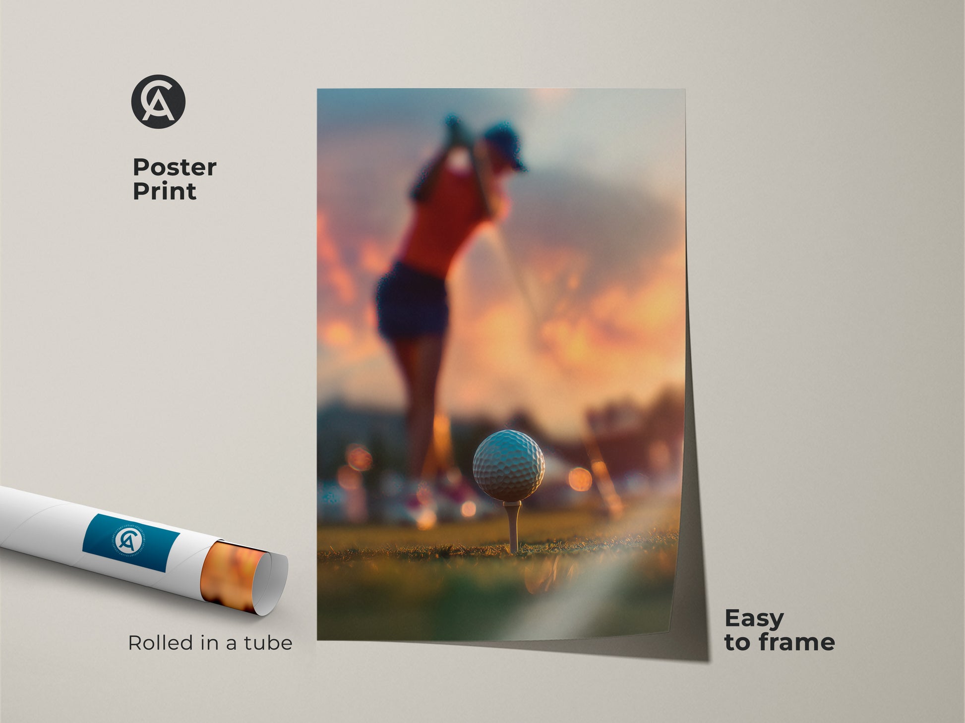 Poster print of golf art. The rolled poster displays a golfer at sunset. The artwork focuses on the golf ball ready for action. A golfer is captured mid-swing. Easy to frame golf art for sports lovers. Enhance your home decor today.