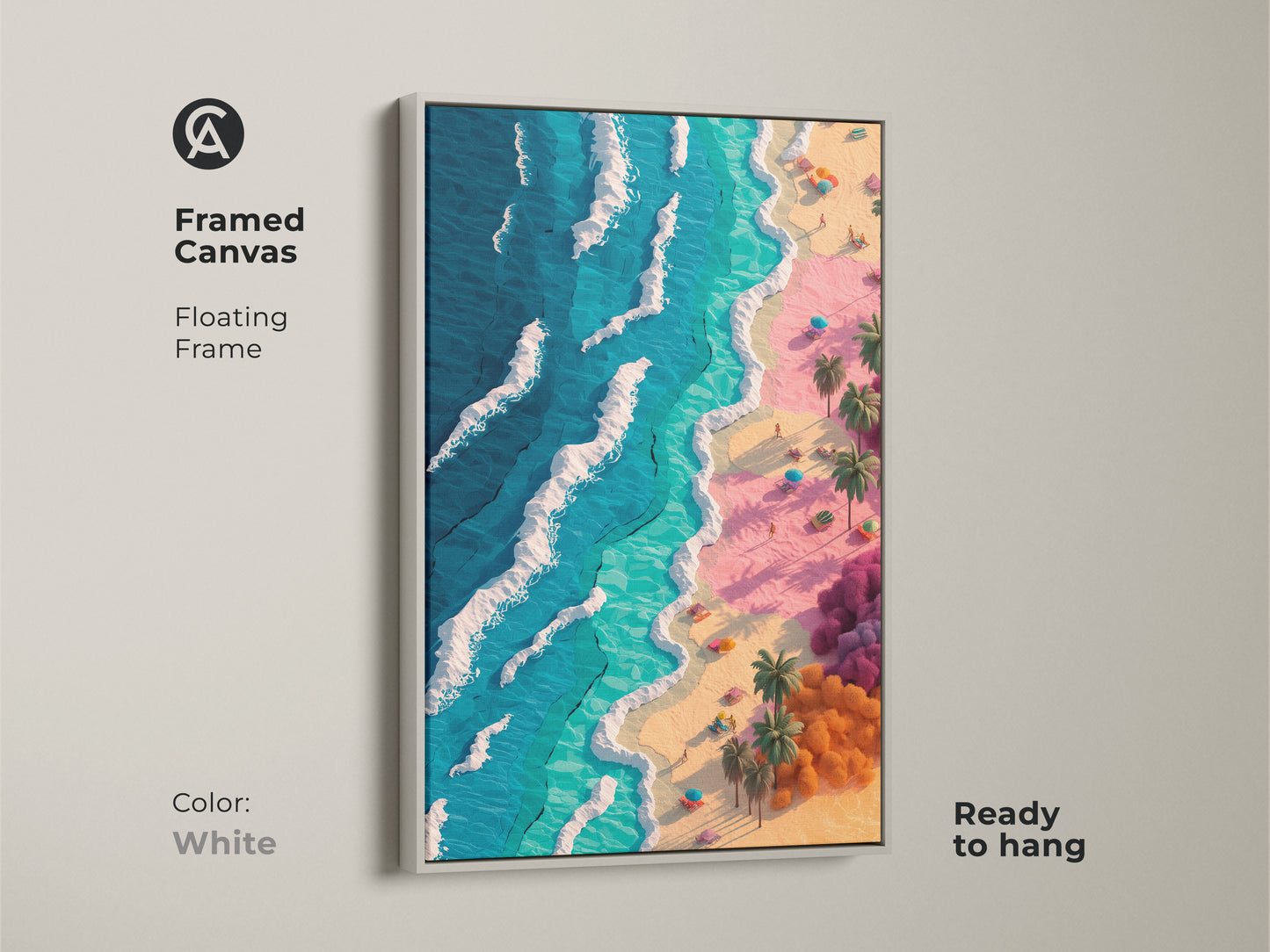 Framed canvas beach artwork with a white floating frame. The art shows a colorful tropical beach scene. It features blue water pink sand and palm trees. Ready to hang and enjoy.