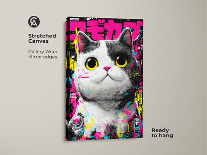 This is a stretched canvas print showcasing a cat with yellow eyes and cyberpunk accents. The gallery wrap and mirror edges add a seamless touch. It's ready to hang and brings a touch of modern artwork to any space.