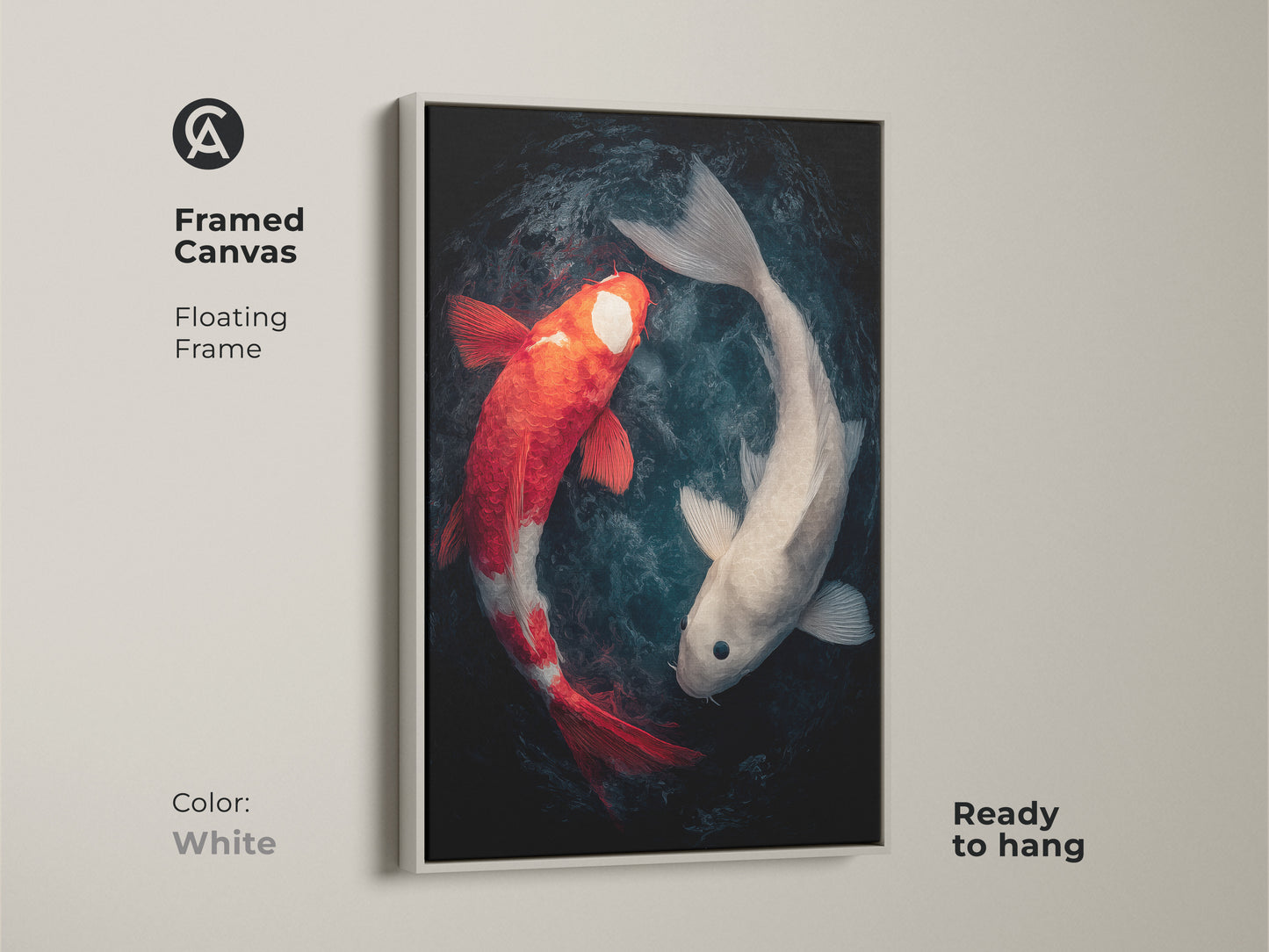 Two koi fish are displayed in framed canvas art. A white floating frame gives a clean modern look. This ready to hang red and white koi fish artwork will brighten any room.