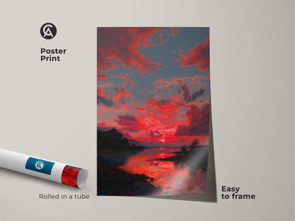 Bring contemporary elegance to your walls with this Crimson Sunset artwork poster print. Easy to frame nature wall decor. This red sky landscape print is rolled in a tube for safe shipping. Ideal for nature lovers seeking a dramatic sunset artwork piece. A unique housewarming gift.