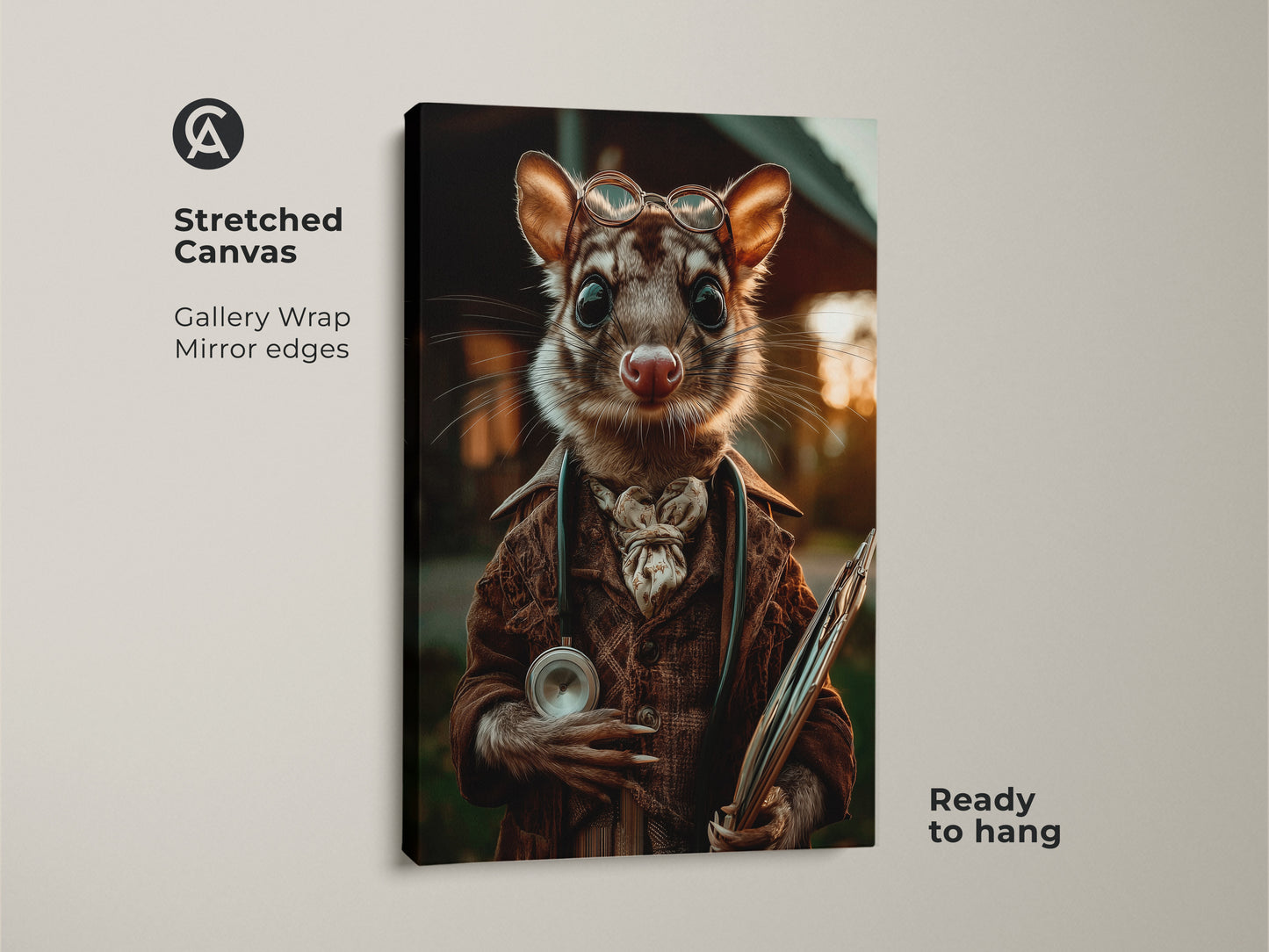 The stretched canvas art shows a possum doctor in sepia tones. The surreal animal portrait features a possum wearing glasses and a coat. He is holding medical instruments. Ready to hang this gallery wrapped art adds eclectic charm to any office or study. It’s a unique gift for animal lovers.
