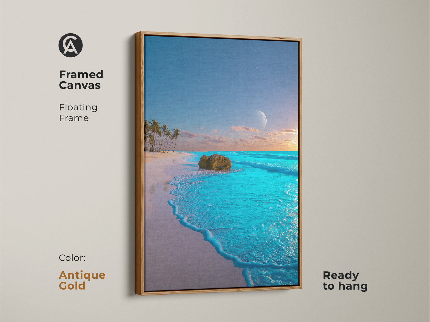 Framed Canvas with an Antique Gold Floating Frame. Tropical Beach artwork with palm trees and a moon. Ocean Landscape Wall Art Print. Coastal Home Decor Art in Aqua Blue Teal. Ready to hang.