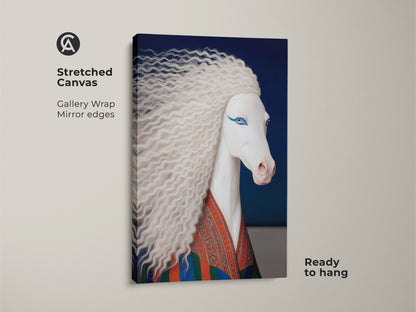 Stretched canvas of a surreal white horse art print ready to hang. Gallery-wrapped with mirrored edges. This fantasy unicorn canvas art has a vibrant flowing mane. The blue and orange accents bring a unique artistic touch.
