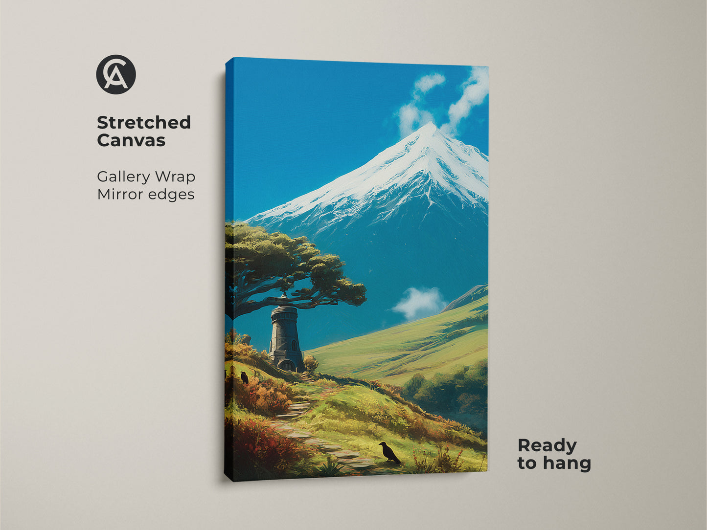 Stretched canvas of a mountain landscape with a lighthouse. This scenic wall art is ready to hang. The gallery wrap has mirrored edges. The blue and green nature artwork enhances bedroom decor. A travel enthusiast gift.