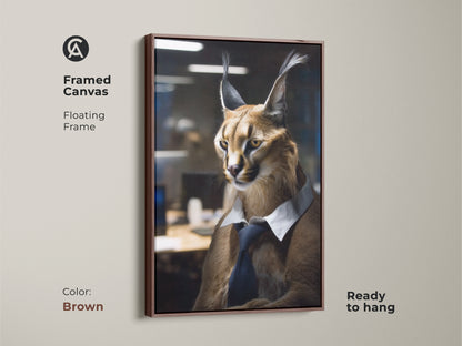 Framed Canvas artwork displays a Caracal in business attire. This distinguished wildlife decor is ready to hang. The brown floating frame enhances this animal lover gift art beautifully.