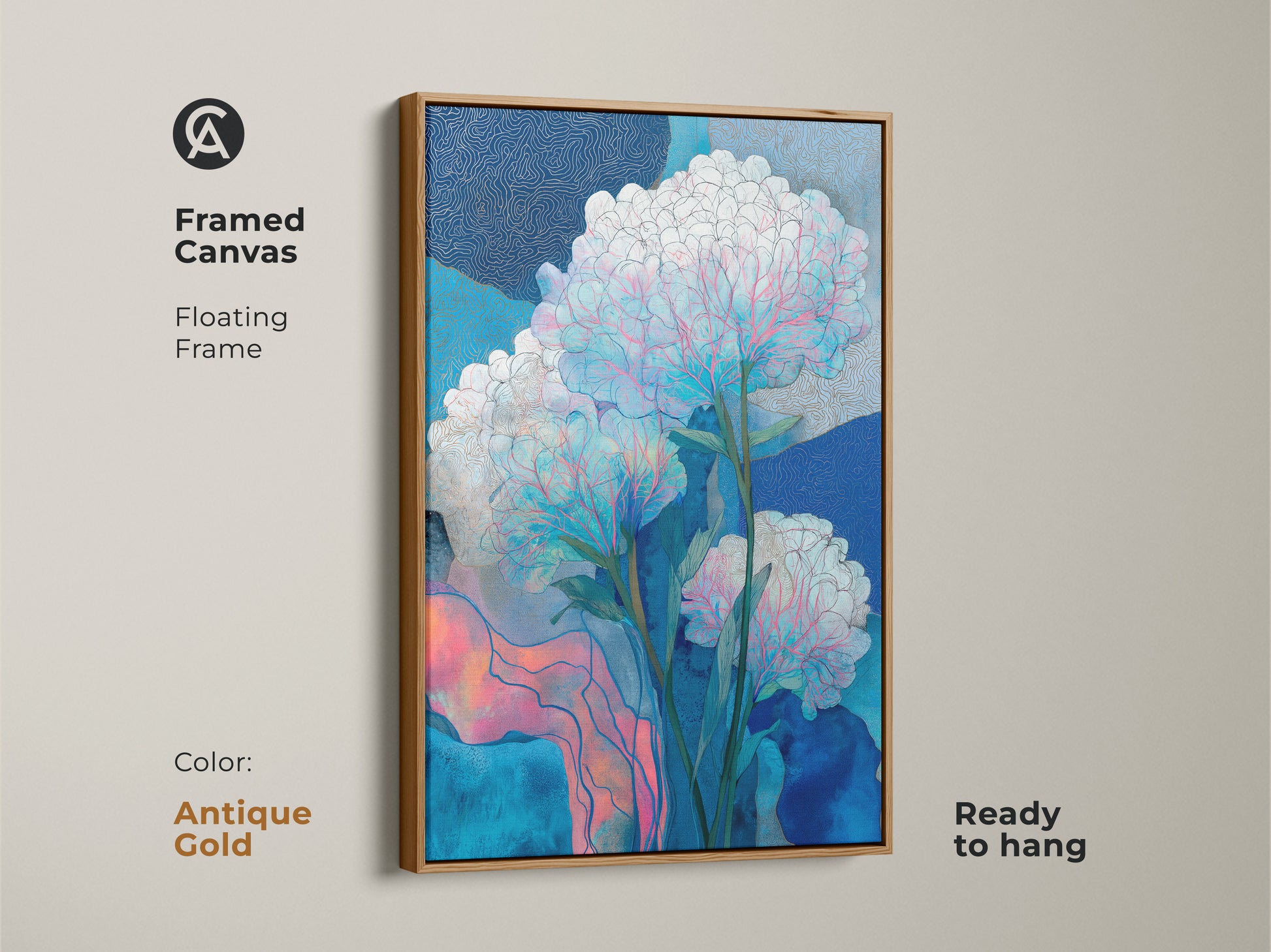 Framed canvas with a brown floating frame of teal pink floral art. The botanical abstract features intricate floral and leaf motifs. This modern home art is a great housewarming gift. The fine art print canvas enhances any space.